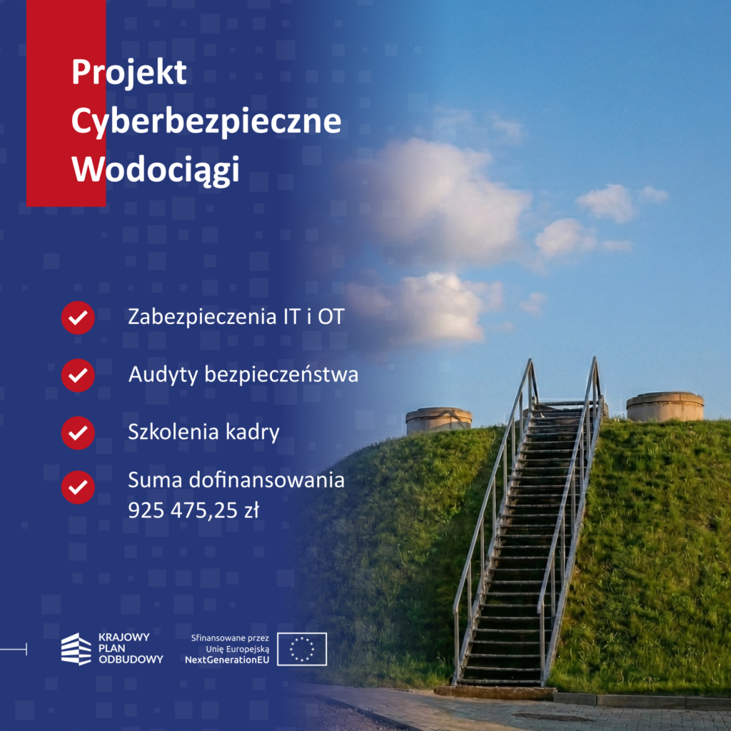 Grafika ilustrująca cele i podsumowanie finansowania projektu Cyberbezpieczne Wodociągi.